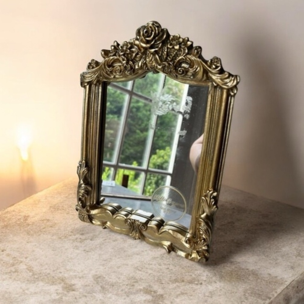 Ornate gold floral table top mirror 6”x9”